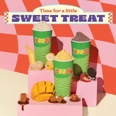Display stands showcasing 3 new Boost drinks. Text 'Time for a little Sweet Treat'