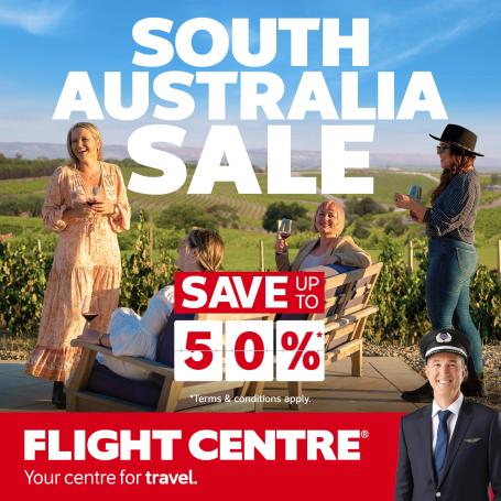 People enjoying a beautiful view of hill. Text 'Sout h Australia Sale. Save up to 50% at Flight Centre'