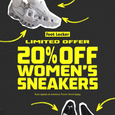 Text 'Foot Locker Limited Offer. 20% off women's sneakers'.