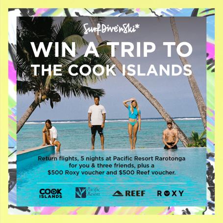 People at a result in Cook Islands. Text: Win A Trip to the Cook Islands