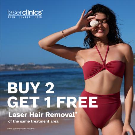 Woman at the beach. Text: 'Buy 2 get 1 free'