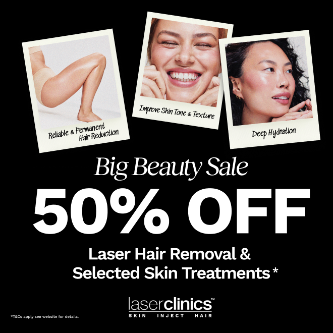 Text: Big Beauty Sale. 50% off Laser Hair Removal & Selected Skin Treatments*