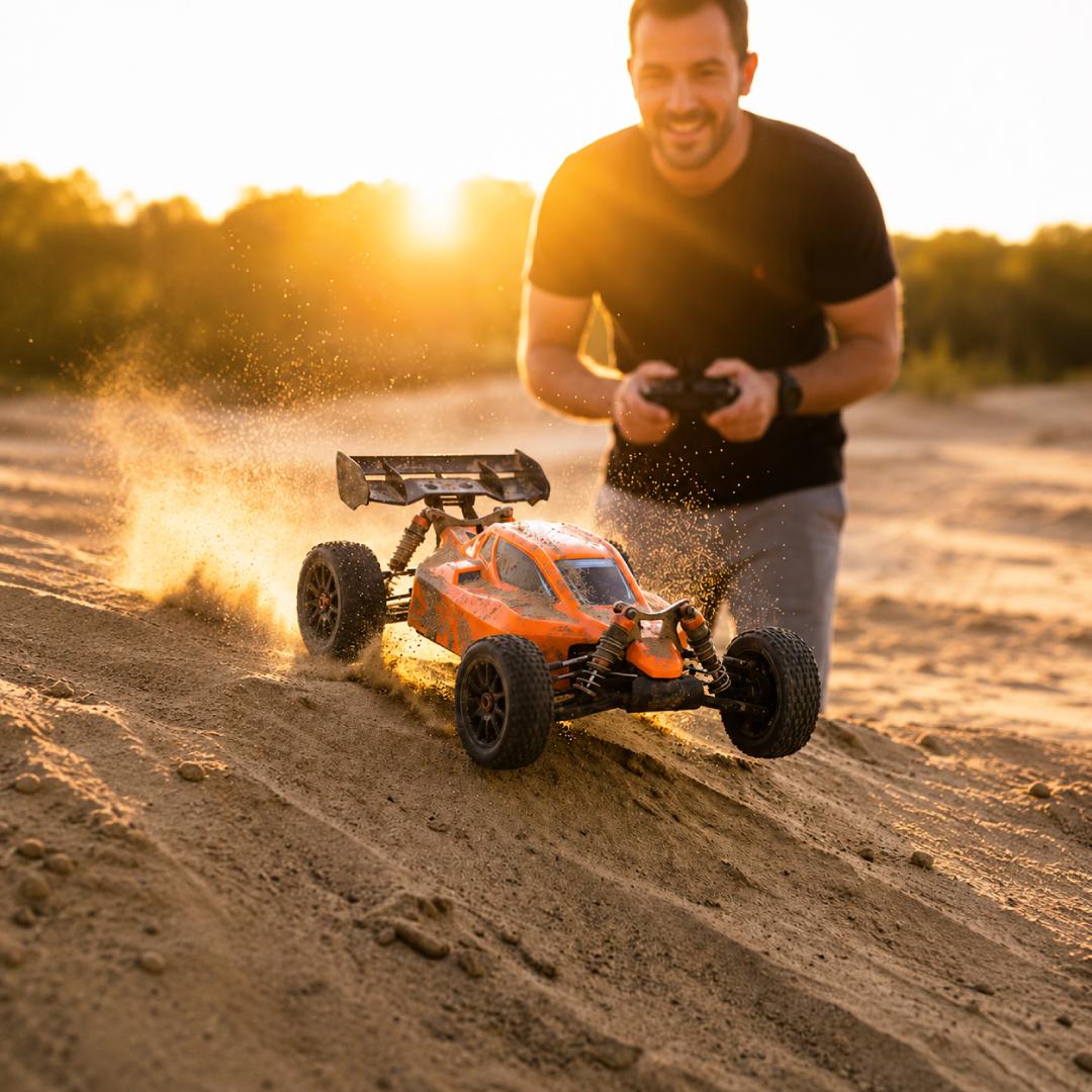 Dad driving a toy car on sand