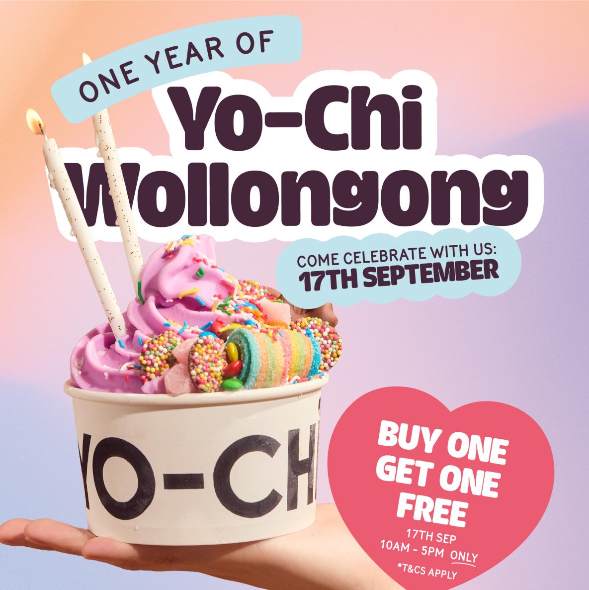 Hand holding a birthday Yo-chi. Text: Buy one get one free*