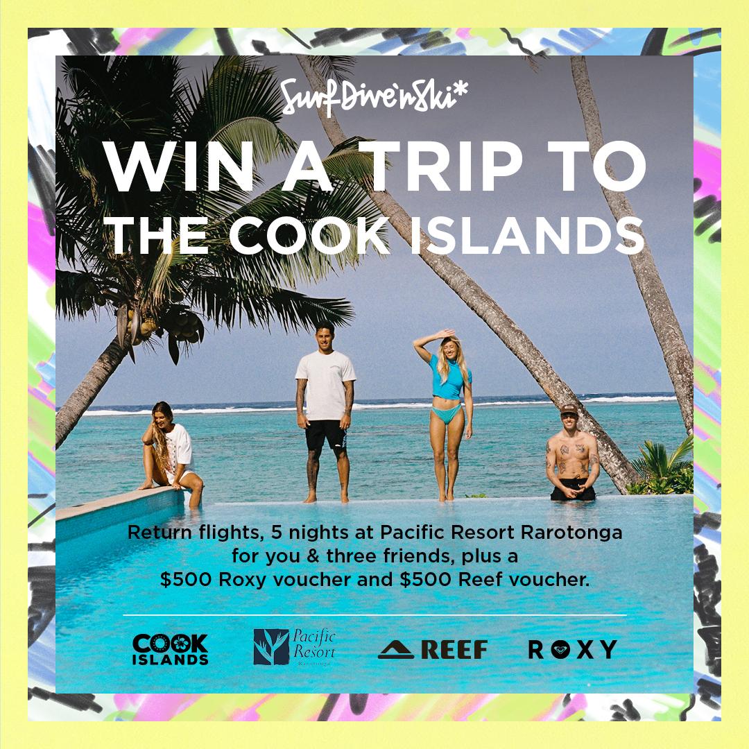 People at a result in Cook Islands. Text: Win A Trip to the Cook Islands